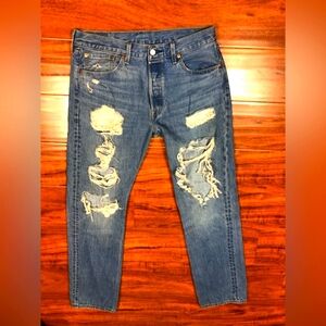 Levi's 501 Button Front Destroyed Straight Leg Denim Jeans